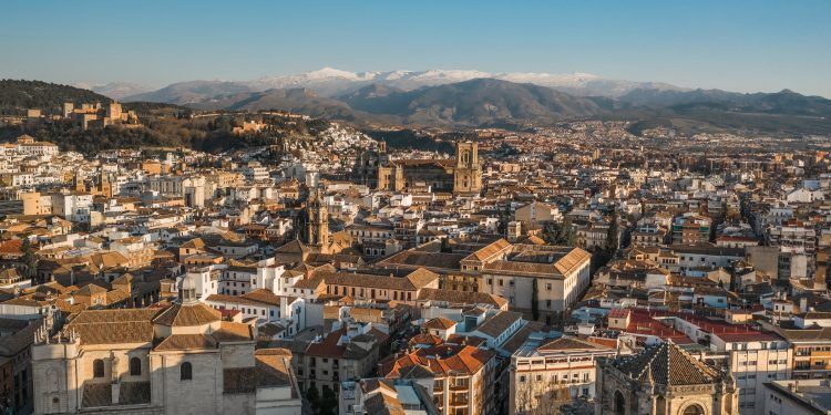 Aerial view of Granada before sunset. Granada is a city in Andalusia region of Spain