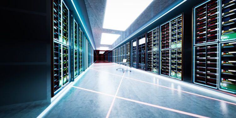 Computer network server room or data center. 3D illustration